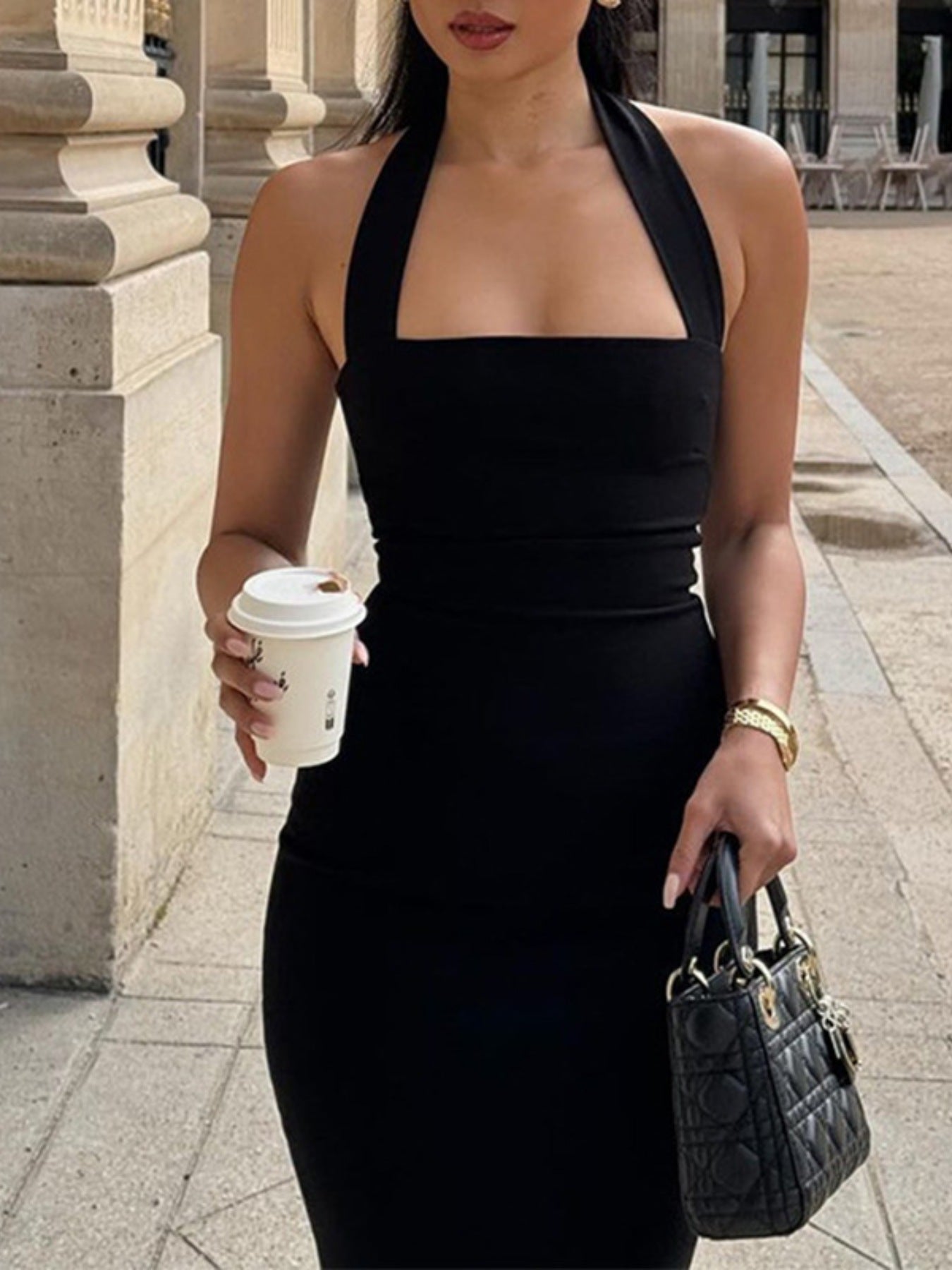 Taupe Gaia stylish halter neck bodycon midi dress for women, fitted design with elegant neckline and sleek silhouette.