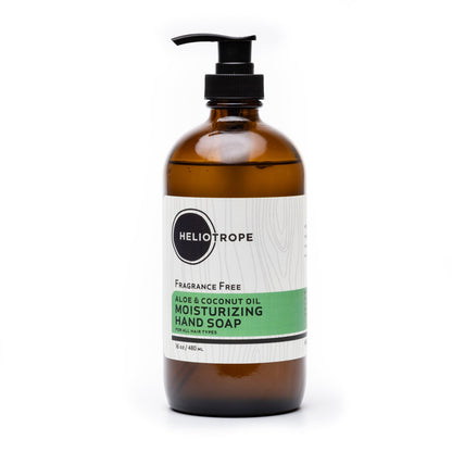 Orange Leto Aloe &amp; Shea Butter moisturizing liquid hand soap in a clear pump bottle with white soap and green aloe leaf decoration.