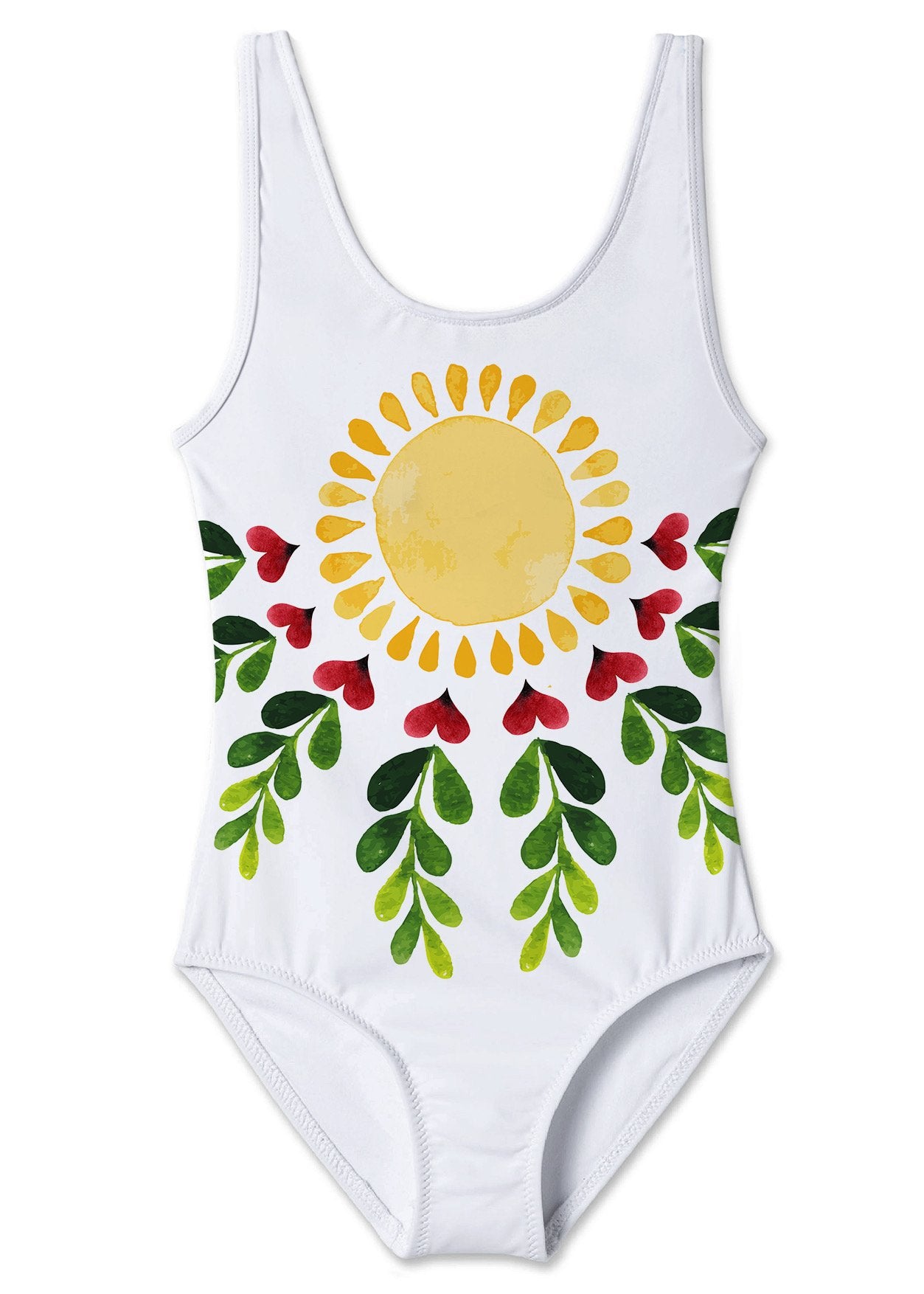 White Happy Sun Tank swimsuit for kids by Ivory Trillium, featuring a cheerful sun design on the tank top.