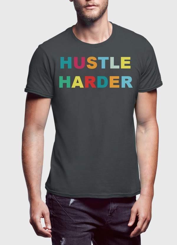Scorpius Hustle Harder T-shirt featuring bold text design on a casual black T-shirt.