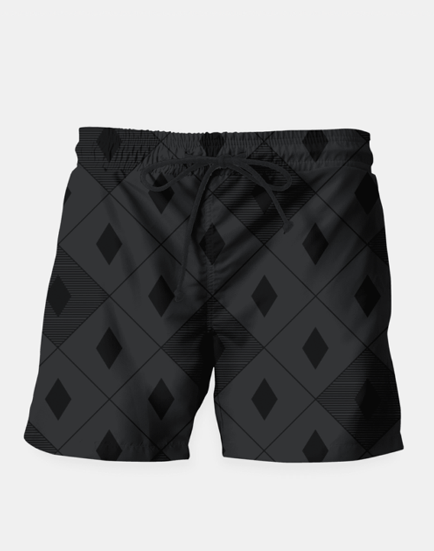 Midnight black Harlequins swim shorts from Sky Felix, featuring a comfortable fit and stylish design, shown in the product image.