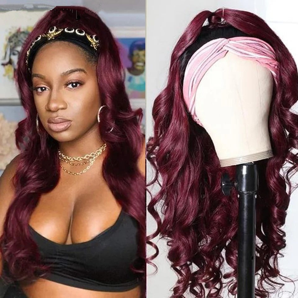 Burgundy headband body wave human hair wig with 