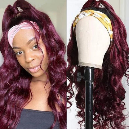 Burgundy body wave human hair headband wig with scarf, 