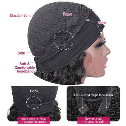 Burgundy Cerise Alfie body wave human hair wig with headband, ombre color, no glue, ideal for bath and beauty.