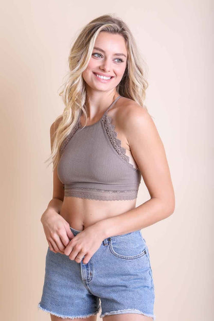 Small mocha high neck crochet trim bralette by Periwinkle Aether, featuring delicate crochet details and soft lingerie fabric.