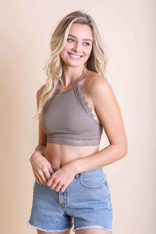 Periwinkle Aether high neck crochet trim bralette in mocha, featuring delicate lace detailing and soft fabric for comfortable wear.