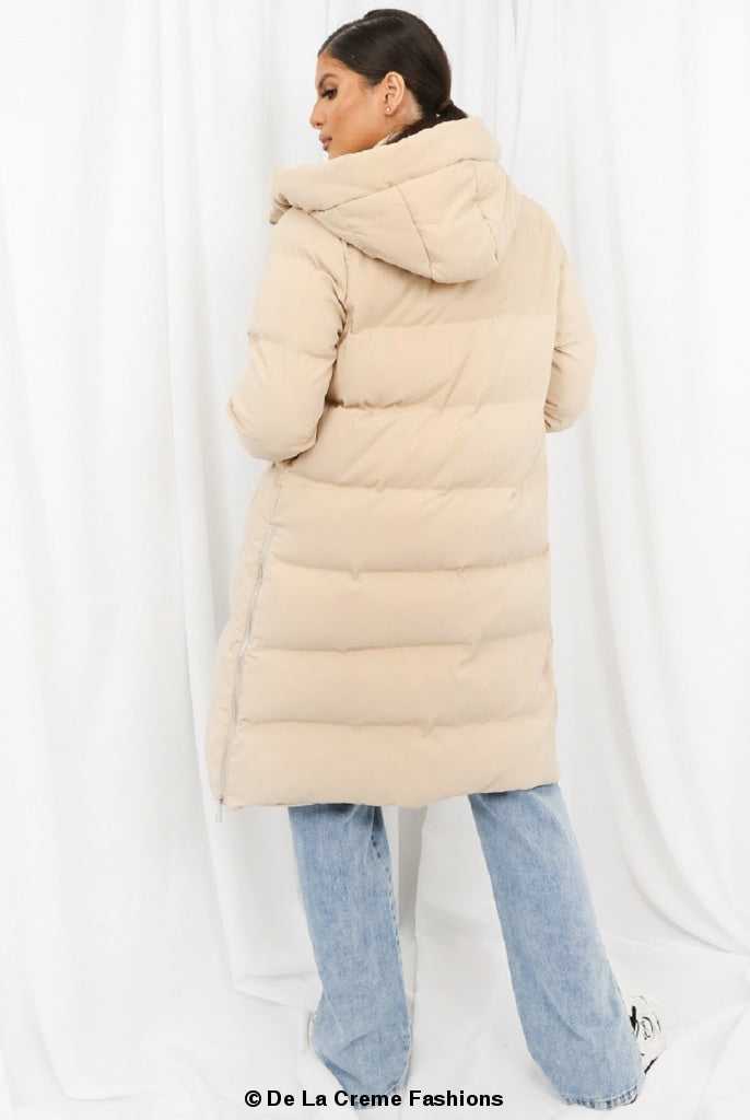 Rose Eleusis hooded longline puffer coat, stylish winter outerwear with a hood and quilted design for warmth and comfort.