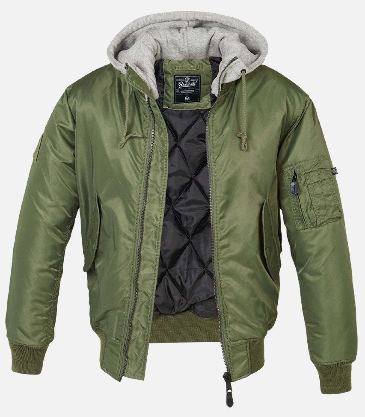 Callisto hooded MA1 bomber jacket with a zip-up front, ribbed cuffs, and a hood, designed for stylish comfort in jackets and coats.