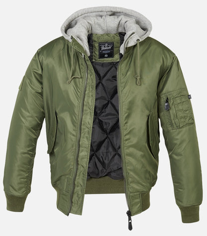 Callisto hooded MA1 bomber jacket with a zip-up front, ribbed cuffs, and a hood, designed for stylish comfort in jackets and coats.