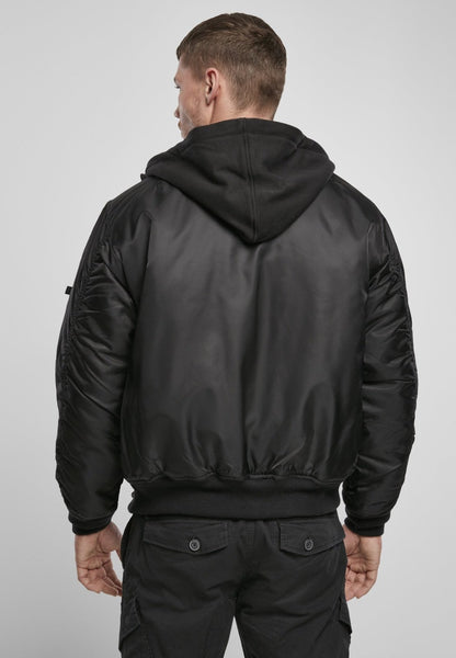 Callisto hooded MA1 bomber jacket with a zip-up front, ribbed cuffs, and a hood, designed for stylish winter wear.