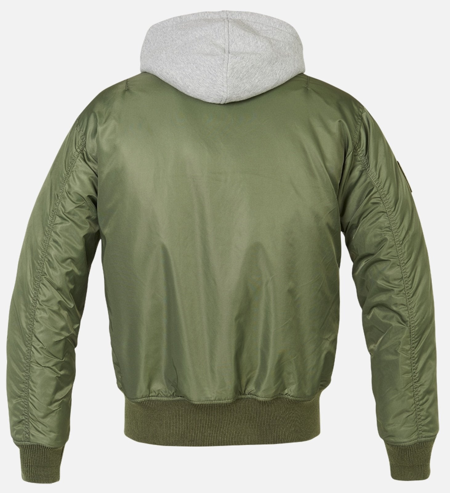 Callisto hooded MA1 bomber jacket with front zipper and ribbed cuffs, styled with a hood and lightweight design.