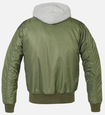 Callisto hooded MA1 bomber jacket with front zipper and ribbed cuffs, styled with a hood and lightweight design.