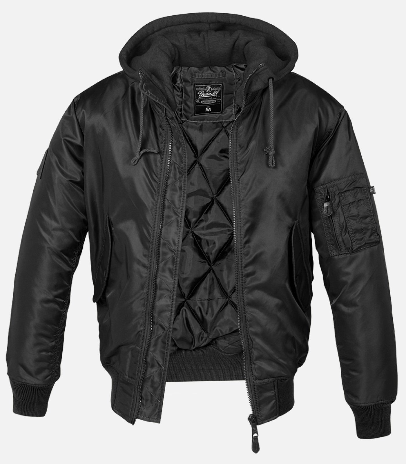 Callisto hooded MA1 bomber jacket with front zipper, ribbed cuffs, and a hood, displayed on a hanger.