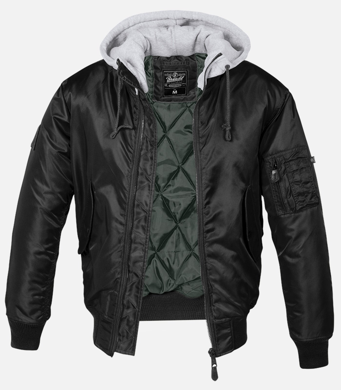 Callisto hooded MA1 bomber jacket featuring a zip-up front and ribbed cuffs, displayed on a hanger.