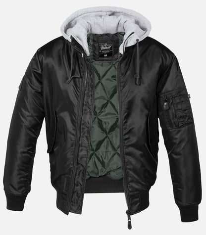 Callisto hooded MA1 bomber jacket featuring a zip-up front and ribbed cuffs, displayed on a hanger.