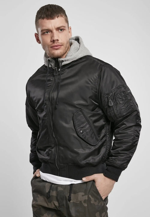 Callisto hooded MA1 bomber jacket with a heavy-duty design, featuring a hood, front zipper, and military-inspired style.