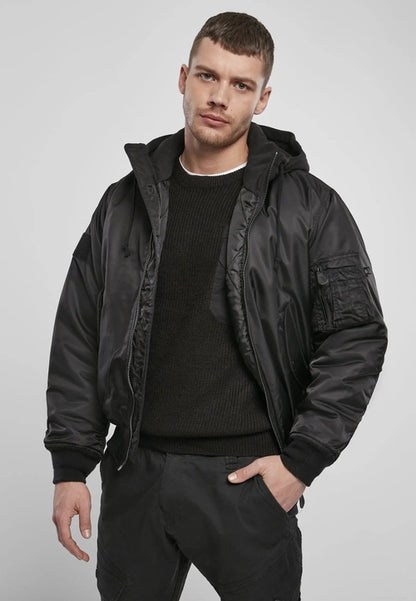 Callisto Hooded MA1 Bomber Jacket featuring a hood and military-inspired design, perfect for stylish outerwear.