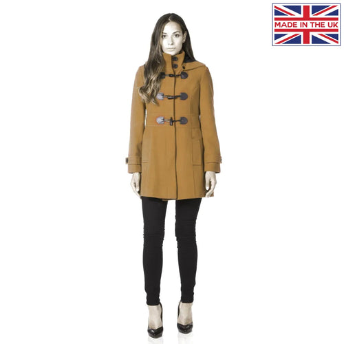 Rose Eleusis hooded slim fit coat with toggle fastenings in camel, featuring a stylish hood and tailored silhouette.