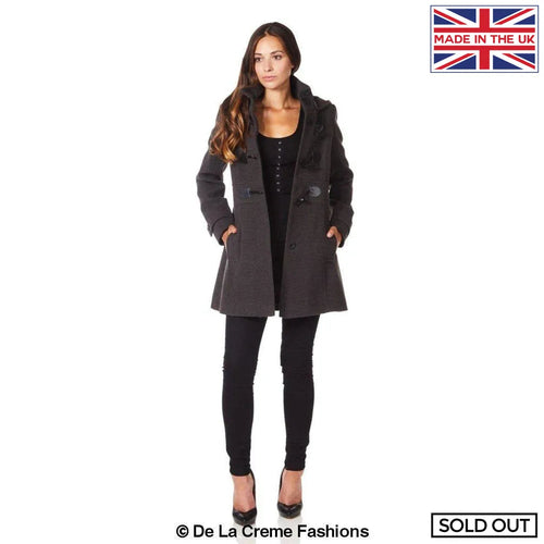 Grey Rose Eleusis hooded slim fit coat with toggle fastenings, shown on a UK size 8 model, stylish and winter-ready.