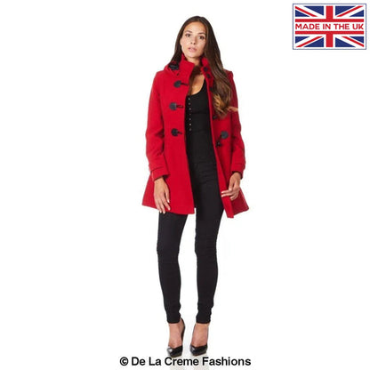 Red Rose Eleusis hooded slim fit coat with toggle fastenings, stylish jacket suitable for casual wear.