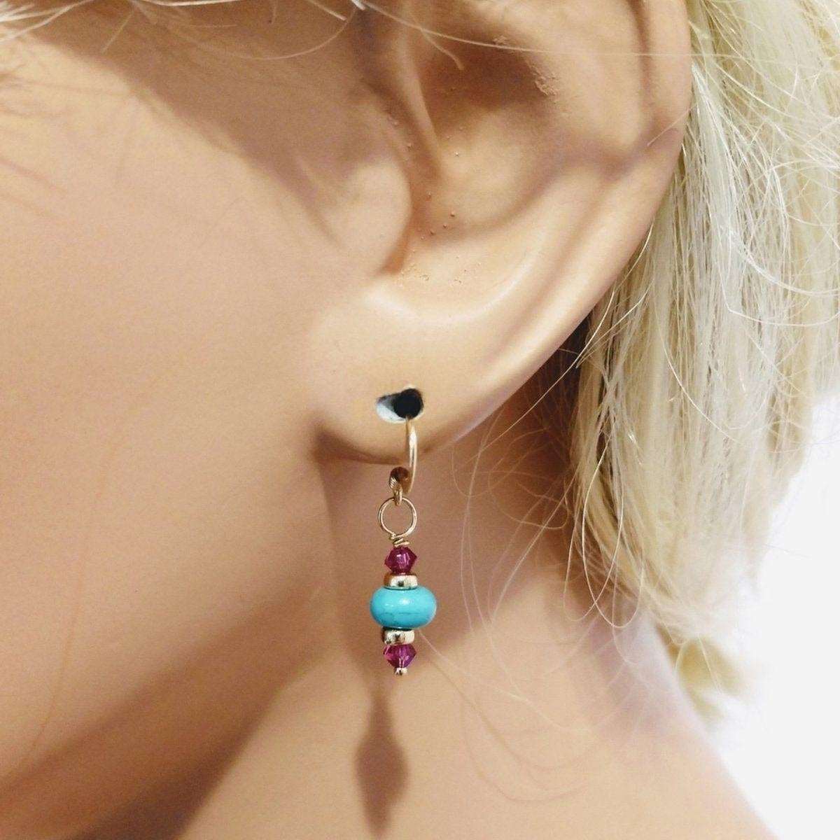 Hot pink and turquoise 14K gold-filled earrings with a vibrant, colorful design by Blue Crius.
