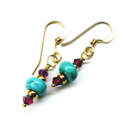 Hot pink and turquoise 14K gold-filled earrings by Blue Crius, featuring vibrant colors and elegant design.