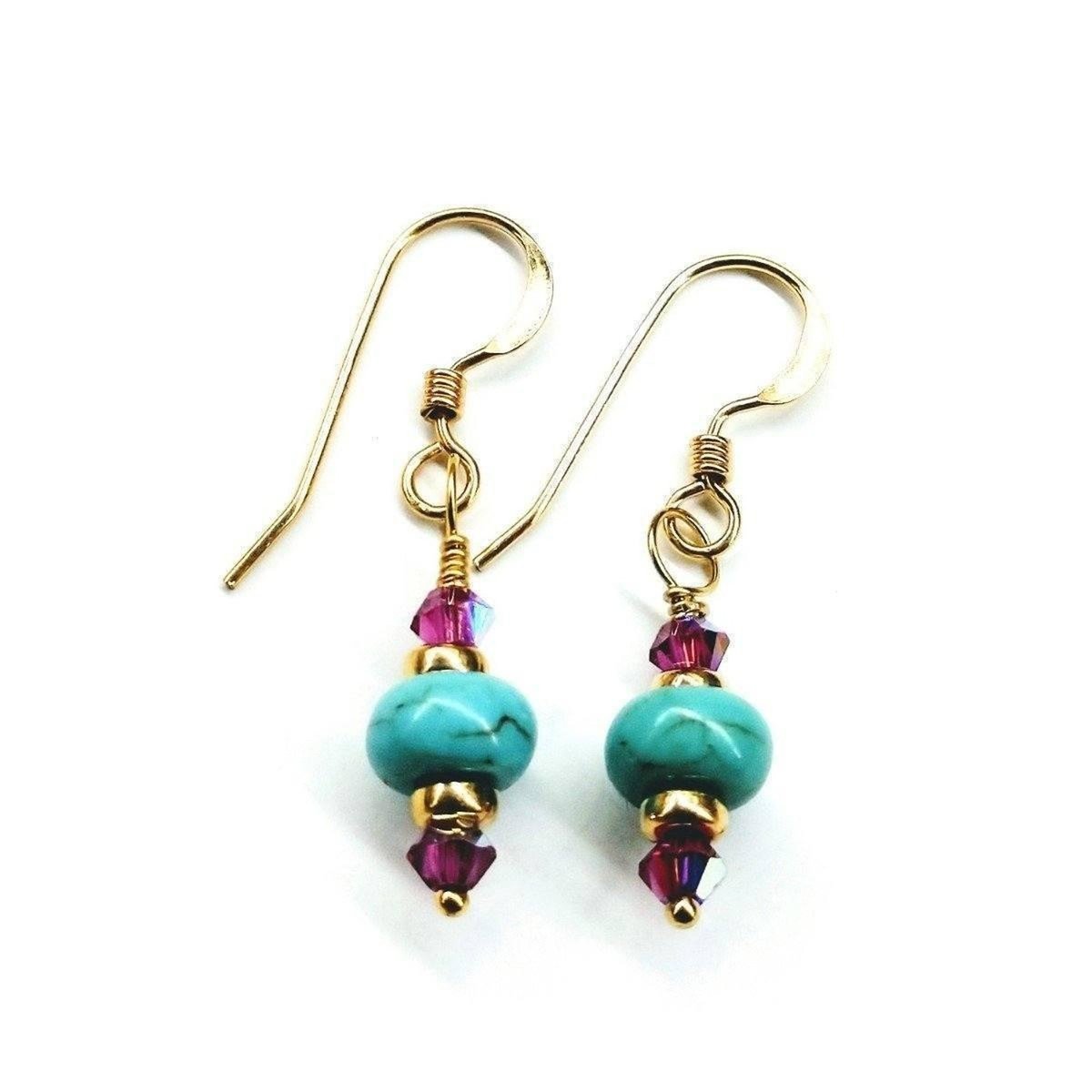 Hot pink and turquoise 14K gold-filled earrings by Blue Crius, featuring vibrant colors and elegant dangle design.