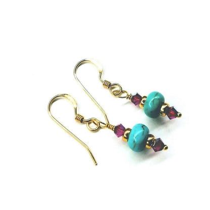 Hot pink and turquoise 14K gold-filled earrings by Blue Crius featuring colorful, stylish jewelry with vibrant gemstone accents.