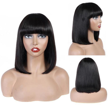 Cerise Alfie straight bob human hair wig with bangs for Black women, featuring natural Brazilian full hair in 8 to 14-inch length