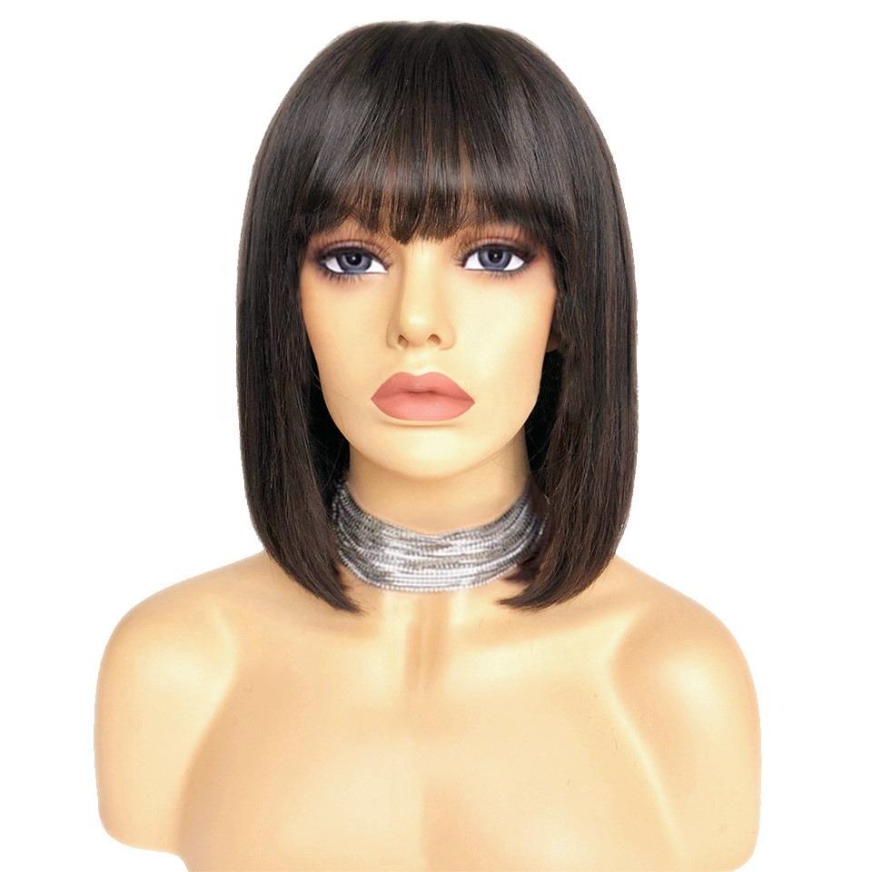 Cerise Alfie straight bob human hair wig with bangs for Black women, featuring a natural look in 8 to 14 inches length.
