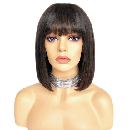 Cerise Alfie straight bob human hair wig with bangs for Black women, featuring a natural look in 8 to 14 inches length.