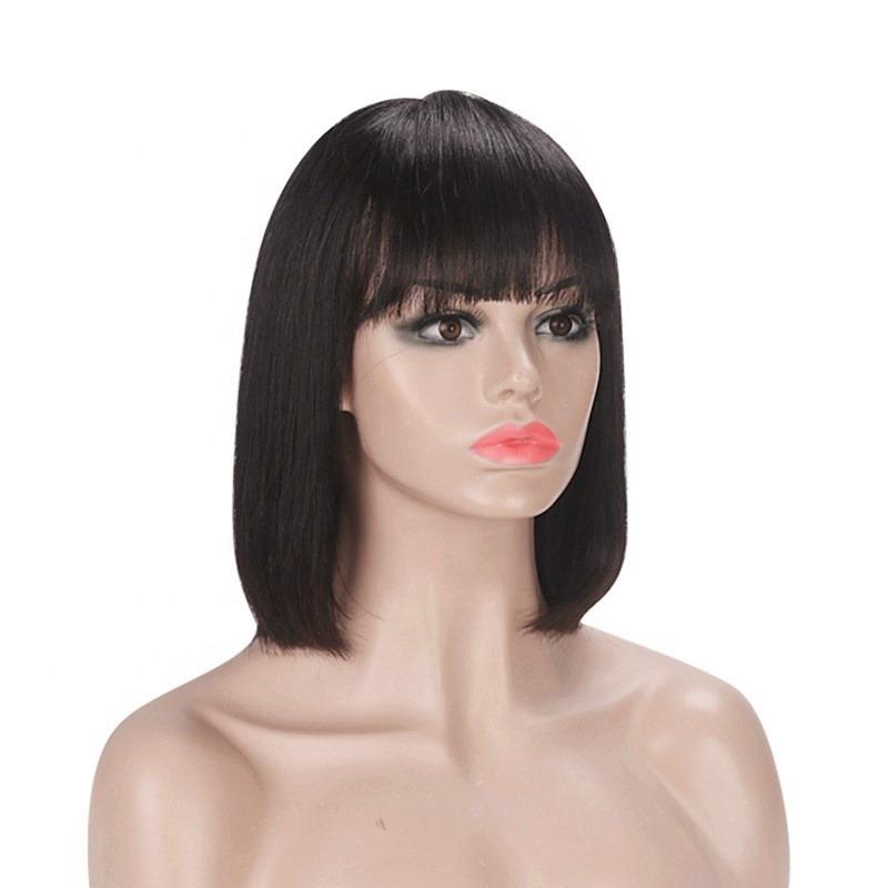 Cerise Alfie straight bob human hair wig with bangs for Black women, featuring natural black color, 8 to 14 inches, Brazilian full style.