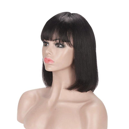 Cerise Alfie straight bob human hair wig with bangs for Black women, 8 to 14 inches, featuring natural black color and full Brazilian quality.