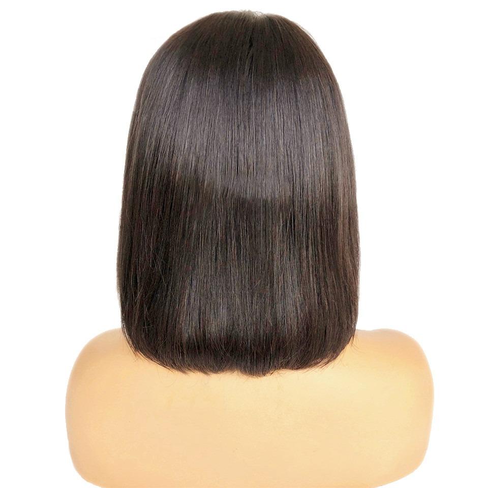 Cerise Alfie straight bob human hair wig with bangs for Black women, natural Brazilian full style, 8 to 14 inches long.