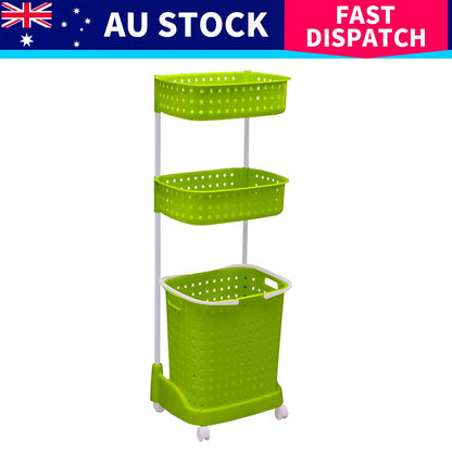 Ultramarine Dione 3-tier bathroom laundry basket with mobile rack, multi-compartment clothes hamper and storage solution
