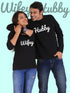 Black full-sleeve T-shirt for couples by Scorpius, featuring "Hubby" and "Wifey" text design on the front.