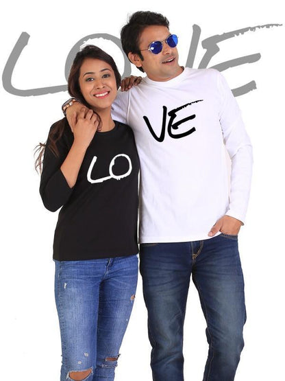 Black and white LOVE couple full-sleeve T-shirt by Scorpius, featuring romantic graphic design perfect for couples.
