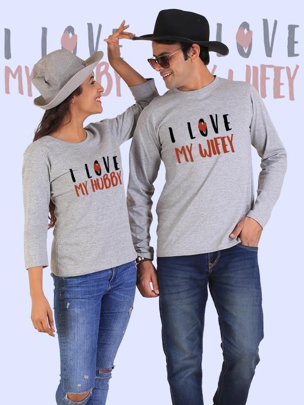 Gray full-sleeve couple T-shirt from Scorpius featuring "Love My Hubby, Love My Wifey" text for partners.