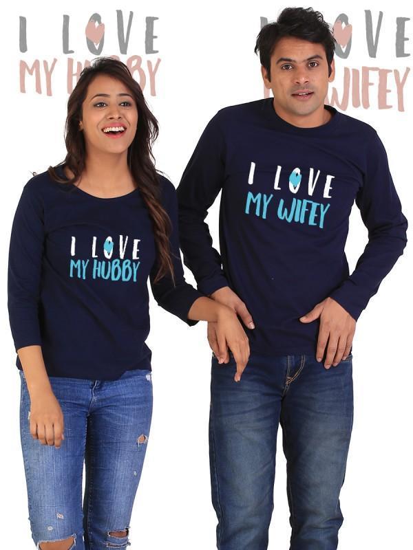 Navy full-sleeve T-shirt for couples with "Love My Hubby, Love My Wifey" text by Scorpius, casual and stylish design.