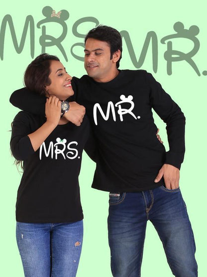 Black Mr. and Mrs. couple full-sleeves T-shirt by Scorpius featuring printed design for couples.