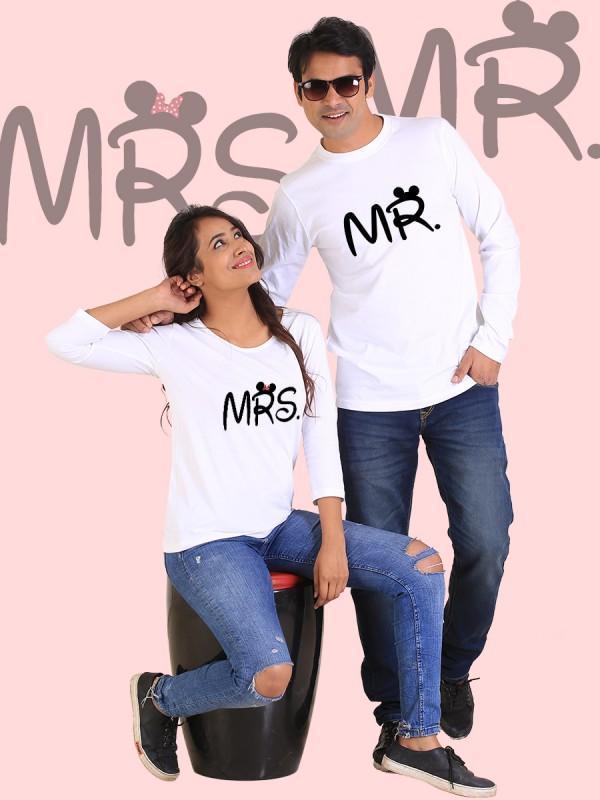 White Mr. and Mrs. couple full-sleeve T-shirt by Scorpius featuring printed text and casual fit, perfect for couples.