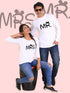 White Mr. and Mrs. couple full-sleeve T-shirt by Scorpius featuring printed text and casual fit, perfect for couples.