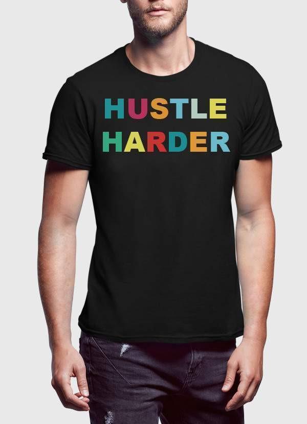 Black Scorpius Hustle Harder T-shirt with bold white text, casual fit, and short sleeves, displayed on a neutral background.