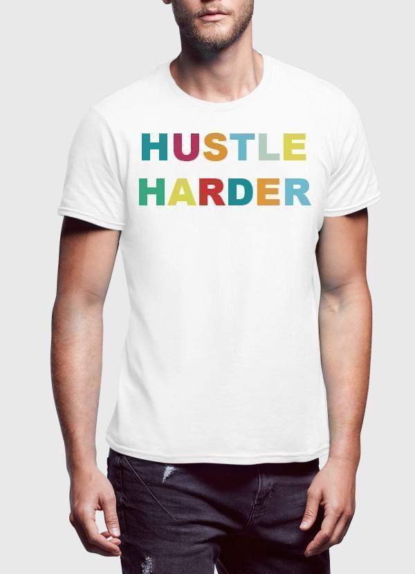 Scorpius Hustle Harder T-shirt featuring bold text design on a casual black T-shirt for men and women.