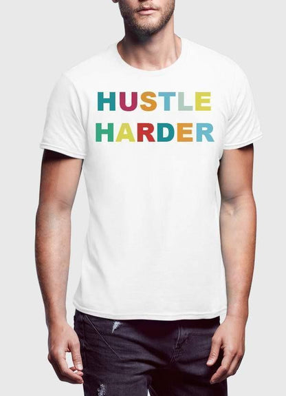 Scorpius Hustle Harder T-shirt featuring bold text design on a casual black T-shirt for men and women.