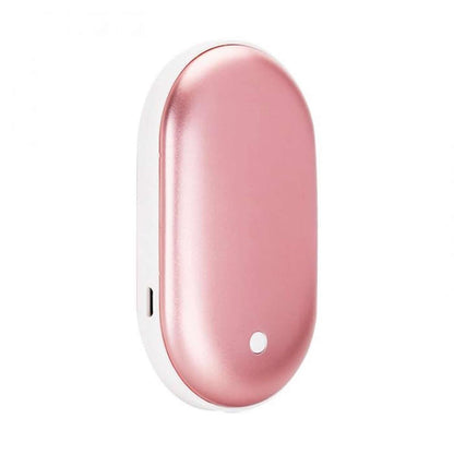 Salmon Lucky portable hand warmer and power bank in black with digital display, compact tech accessory for warmth and charging on the go.