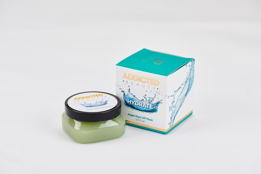 Yellow Bittercress Addicted Beauty Algae Peel Off Mask jar and box, hydrating bath and beauty skincare product.