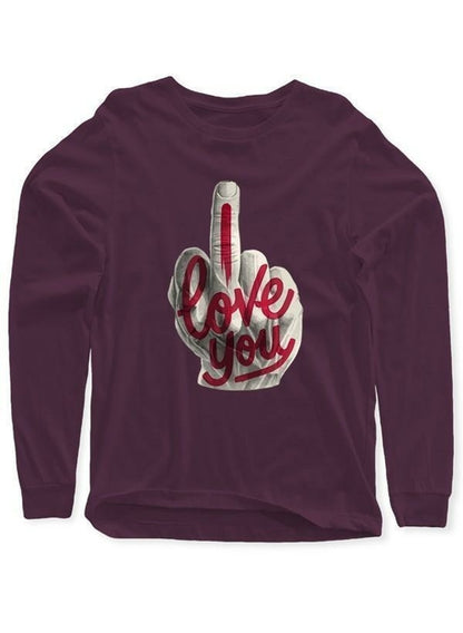 Black I Love You full sleeves T-shirt by Scorpius, featuring bold print and long sleeves on a model.