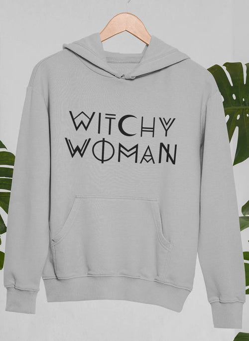 Gray Witchy Woman Hoodie T-shirt by Jade Thalassa featuring mystical witch-themed graphics on soft fabric.
