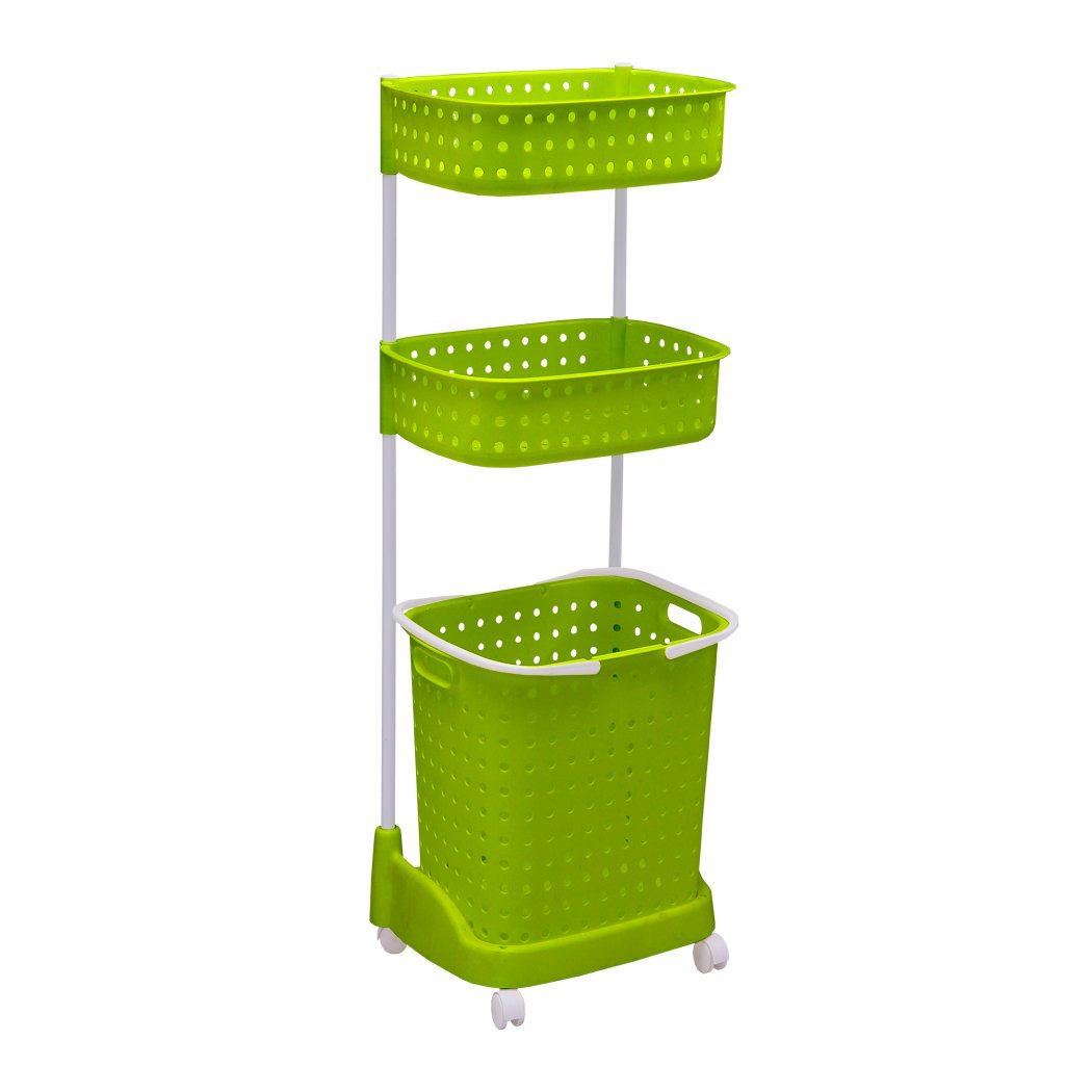 Three-tier Ultramarine Dione laundry hamper with mobile rack, designed for bathroom storage and easy transport.